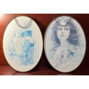 Set of 2 Vintage Oval Victorian Flue Cover Wall Hangings With Chain Hangers